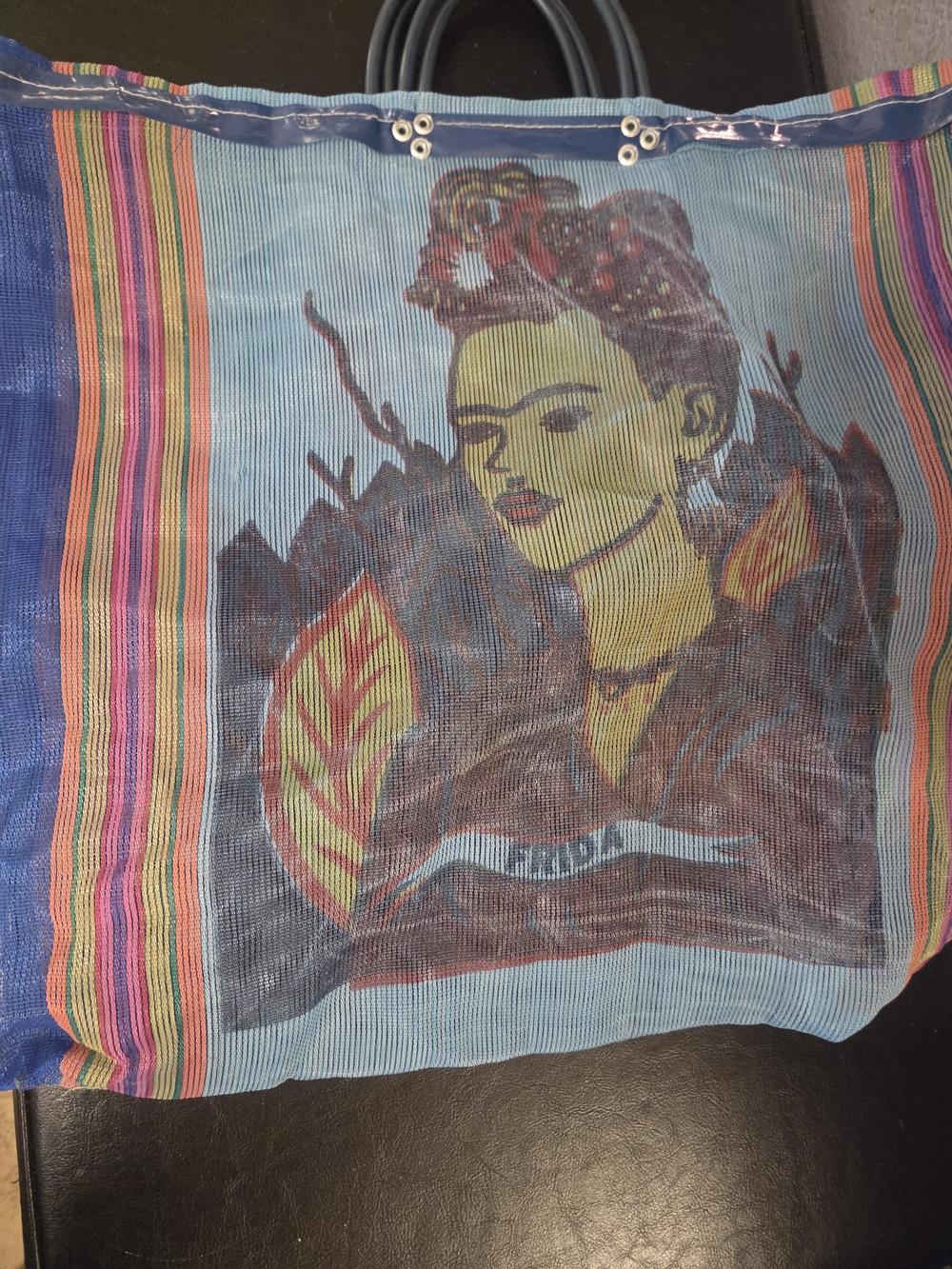 Upcycled Frida Kahlo Inspired Large Blue Striped Tote - Picture 9 of 9
